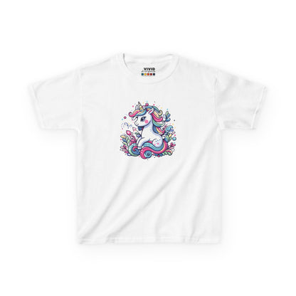 Front view of a white "Unicorn Vibes" kids T-shirt featuring a colorful, whimsical unicorn design. Part of the Vivid Divergence Sensory Friendly Kids Shirts Range. The perfect T-shirt for sensory-sensitive kids and comes with a Sensory Satisfaction Promise.