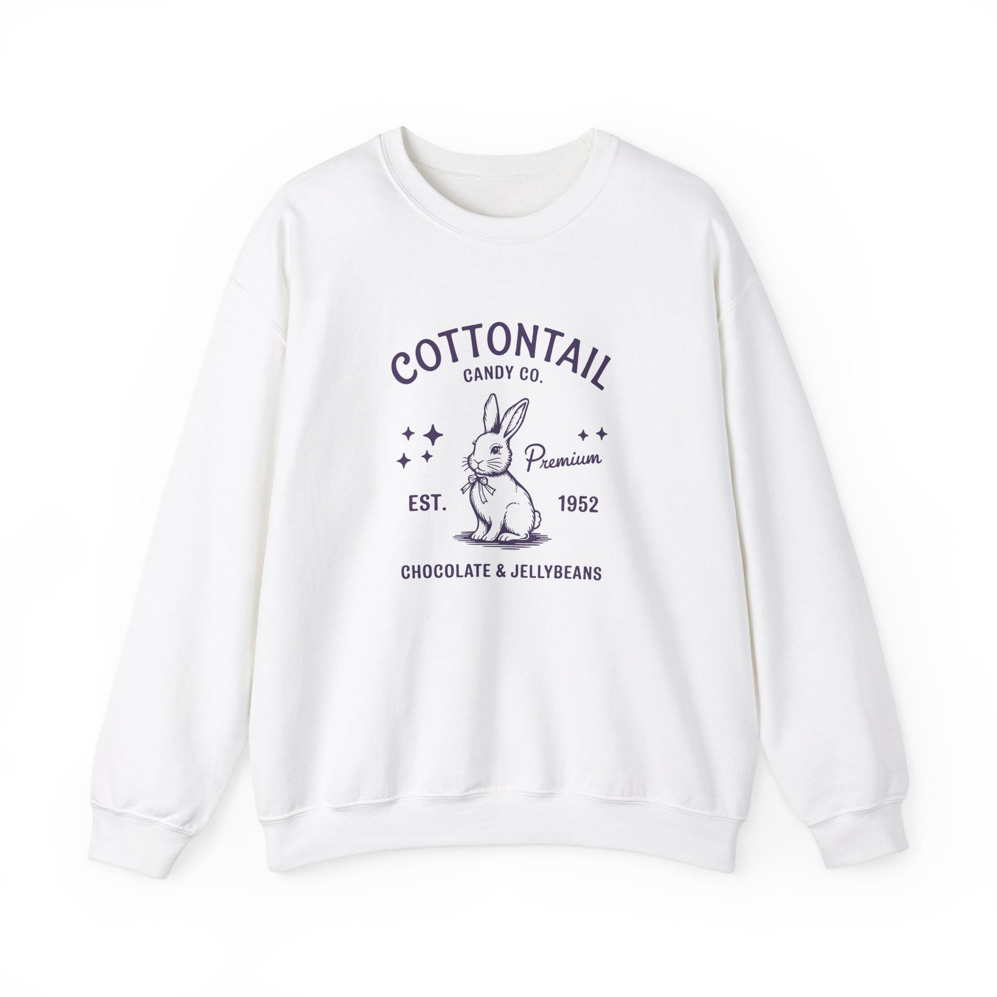 Front view of white sweater jumper with vintage Cottontail Candy Co Easter design. Part of the Vivid Divergence Sensory Friendly Unisex Sweater Jumper Range.