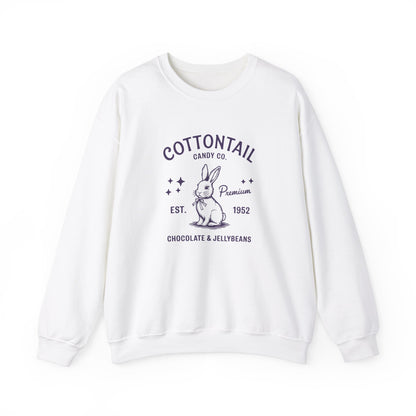 Front view of white sweater jumper with vintage Cottontail Candy Co Easter design. Part of the Vivid Divergence Sensory Friendly Unisex Sweater Jumper Range.