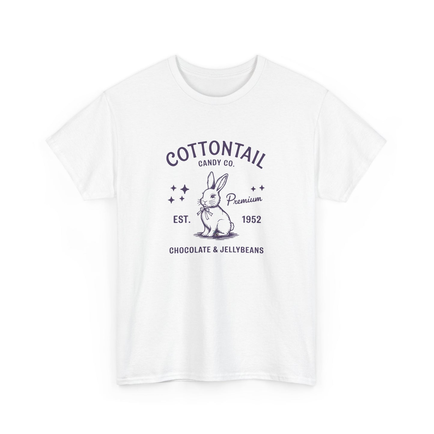 White Easter T-shirt featuring a vintage "Cottontail Candy Co." bunny logo, a classic and stylish Easter choice. Hop into the season in style and shop Easter shirts online today!
