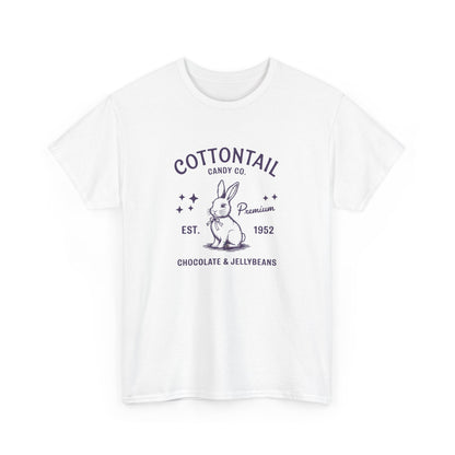 White Easter T-shirt featuring a vintage "Cottontail Candy Co." bunny logo, a classic and stylish Easter choice. Hop into the season in style and shop Easter shirts online today!