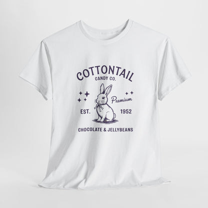 White T-shirt hanging, featuring a vintage-inspired "Cottontail Candy Co." logo with a charming bunny, perfect for a classic Easter look. Hop into the season in style and shop Easter shirts online today!
