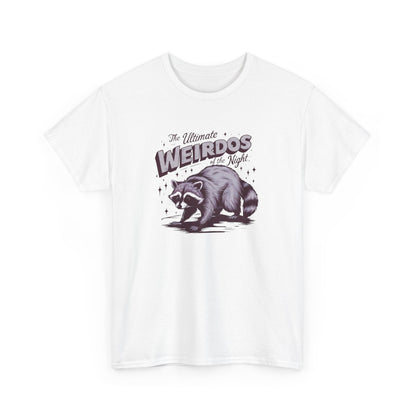 Front view of a white T-shirt with "Weirdos of the Night" and an illustrated raccoon graphic in bold purple and black text. Part of the Vivid Divergence Sensory Friendly Unisex Tees Range.