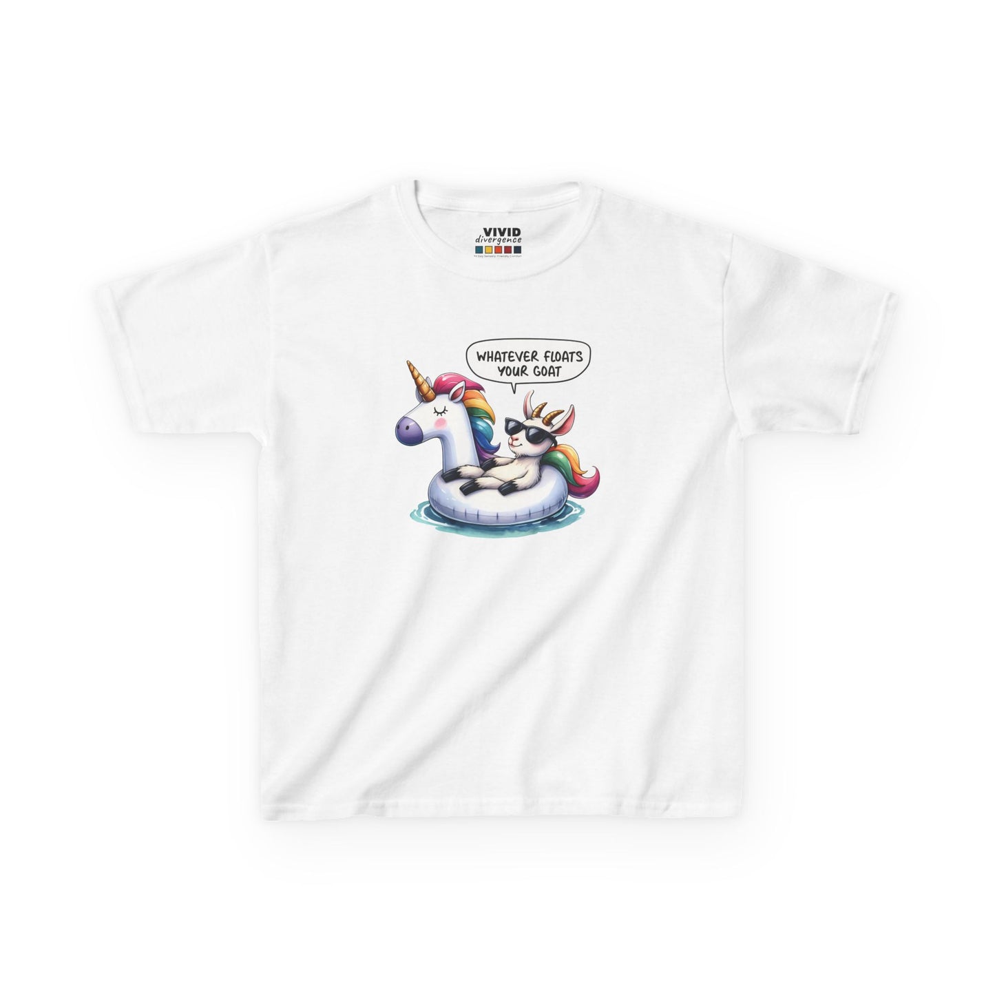Front view of a white "Whatever Floats Your Goat" kids T-shirt featuring a cartoon goat floating on a unicorn pool float. Part of the Vivid Divergence Sensory Friendly Kids Shirts Range. The perfect T-shirt for sensory-sensitive kids and comes with a Sensory Satisfaction Promise.