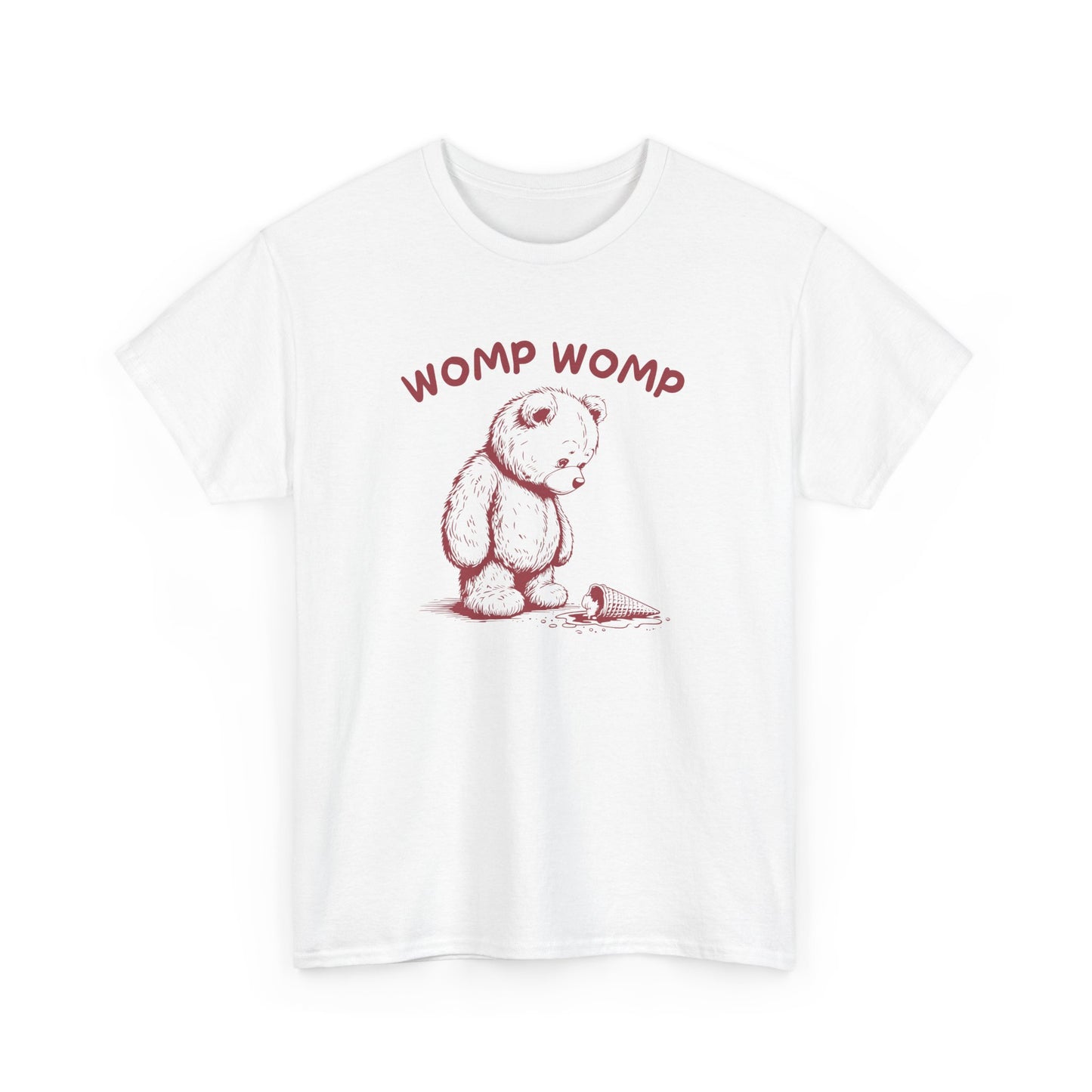 Front view of a white T-shirt featuring "Womp Womp" text with a sad bear looking at a dropped ice cream cone in red-tone design. Part of the Vivid Divergence Sensory Friendly Unisex Tees Range.