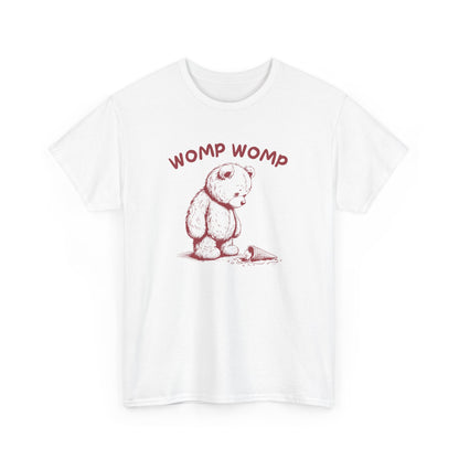 Front view of a white T-shirt featuring "Womp Womp" text with a sad bear looking at a dropped ice cream cone in red-tone design. Part of the Vivid Divergence Sensory Friendly Unisex Tees Range.