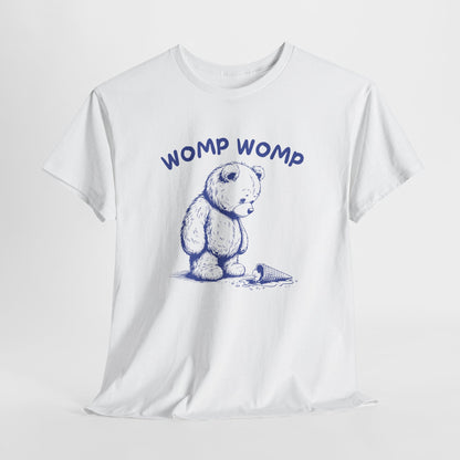 Hanging white T-shirt featuring "Womp Womp" text with a sad bear looking at a dropped ice cream cone in navy blue-tone design. Part of the Vivid Divergence Sensory Friendly Unisex Tees Range.