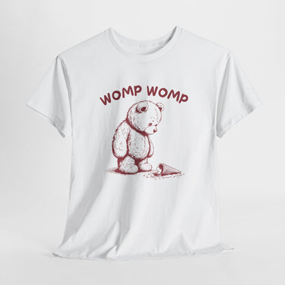 Hanging white T-shirt featuring "Womp Womp" text with a sad bear looking at a dropped ice cream cone in red-tone design. Part of the Vivid Divergence Sensory Friendly Unisex Tees Range.