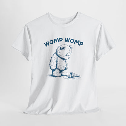 Hanging white T-shirt featuring "Womp Womp" text with a sad bear looking at a dropped ice cream cone. Part of the Vivid Divergence Sensory Friendly Unisex Tees Range.