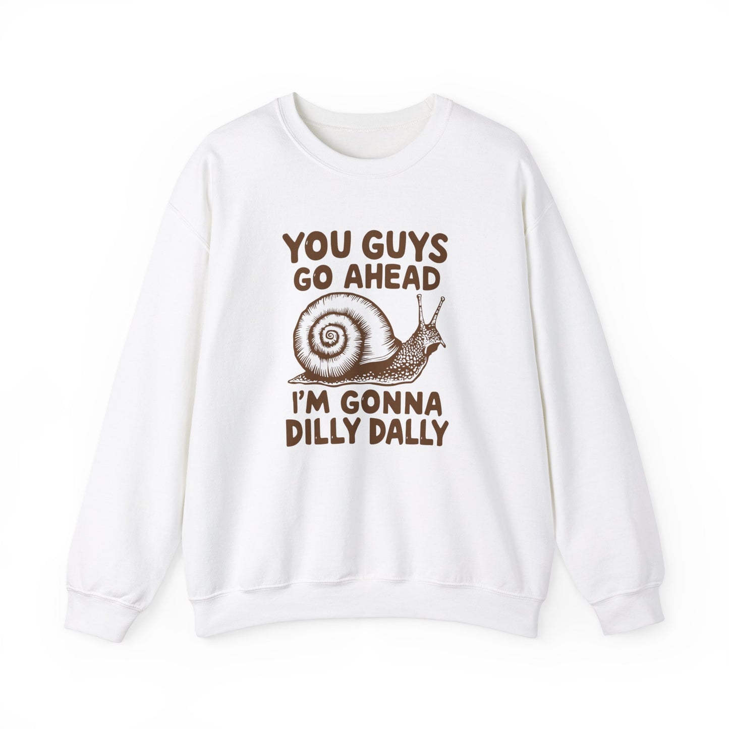 Front view of a white sweater jumper featuring the text "You Guys Go Ahead, I’m Gonna Dilly Dally" and a cartoon snail illustration. Part of the Vivid Divergence Sensory Friendly Unisex Sweater Jumper Range.