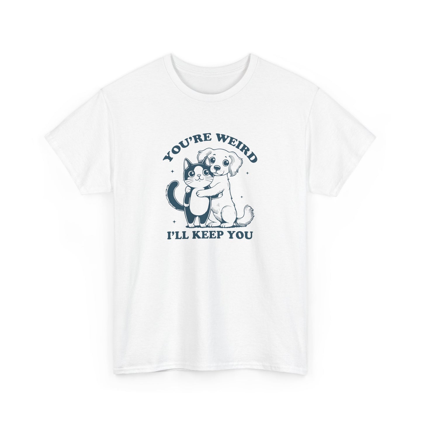 Front view of a white T-shirt with a "You're Weird, I'll Keep You" design featuring a dog hugging a cat in navy blue. Part of the Vivid Divergence Sensory Friendly Unisex Tees Range.
