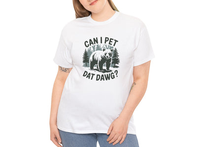 Woman in jeans smiling while wearing the “Can I Pet Dat Dawg?” T-shirt. Equal parts friendly and chaotic energy. Part of the Vivid Divergence Memewear Collection!
