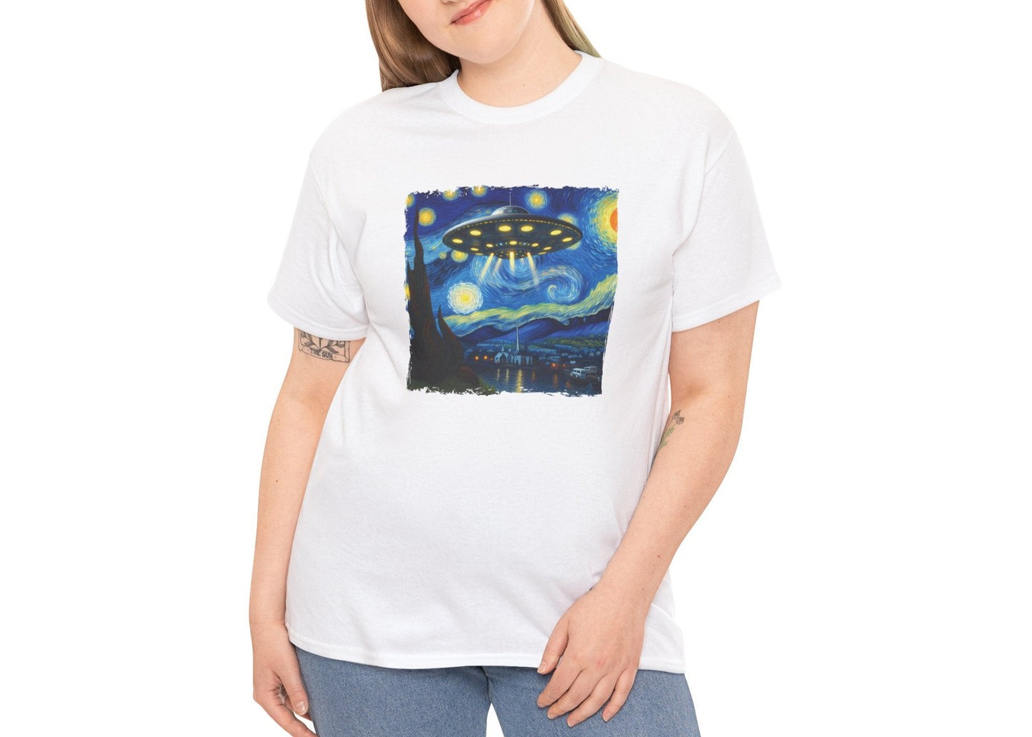 Woman modeling the UFO Van Gogh parody shirt, smiling while wearing surreal art-meets-aliens graphic. She’s stylish and skeptical. Part of the Vivid Divergence Memewear Collection!
