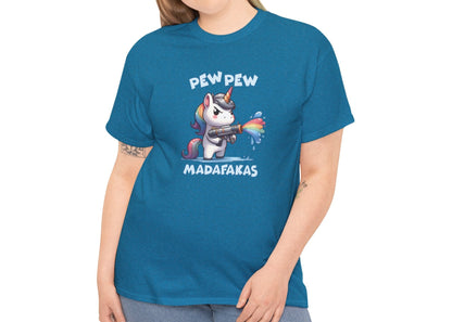 Woman wearing a teal T-shirt with a "Pew Pew Madafakas" unicorn graphic, styled casually. Part of the Vivid Divergence Sensory Friendly Unisex Tees Range.