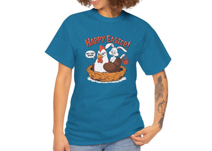 Woman wearing an antique sapphire Easter T-shirt decorated with a mischievous bunny caught in a hen’s nest, perfect for spreading laughs. Hop into the season in style and shop Easter shirts online today!
