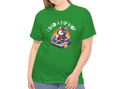 Woman wearing a green Easter T-shirt with a hip-hop-inspired Easter bunny and "I Said A Hip Hop" text, a fresh and fun holiday outfit. Hop into the season in style and shop Easter shirts online today!