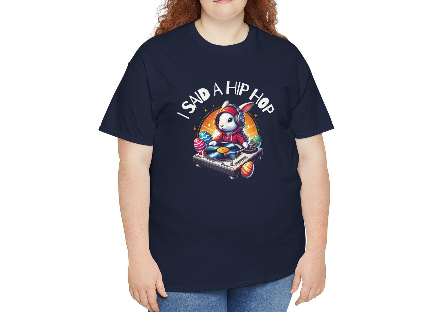 Woman wearing a navy blue Easter T-shirt featuring a rapping bunny and "I Said A Hip Hop" text, perfect for a trendy Easter outfit. Hop into the season in style and shop Easter shirts online today!