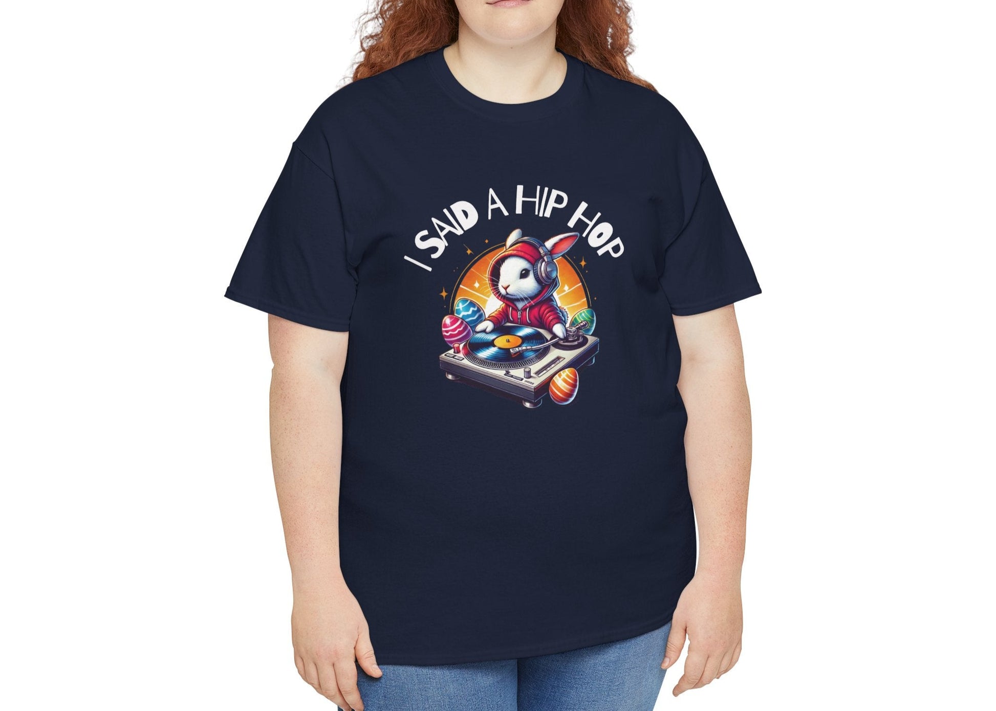 Woman wearing a navy blue Easter T-shirt featuring a rapping bunny and "I Said A Hip Hop" text, perfect for a trendy Easter outfit. Hop into the season in style and shop Easter shirts online today!
