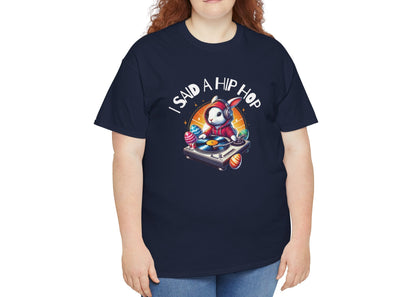 Woman wearing a navy blue Easter T-shirt featuring a rapping bunny and "I Said A Hip Hop" text, perfect for a trendy Easter outfit. Hop into the season in style and shop Easter shirts online today!