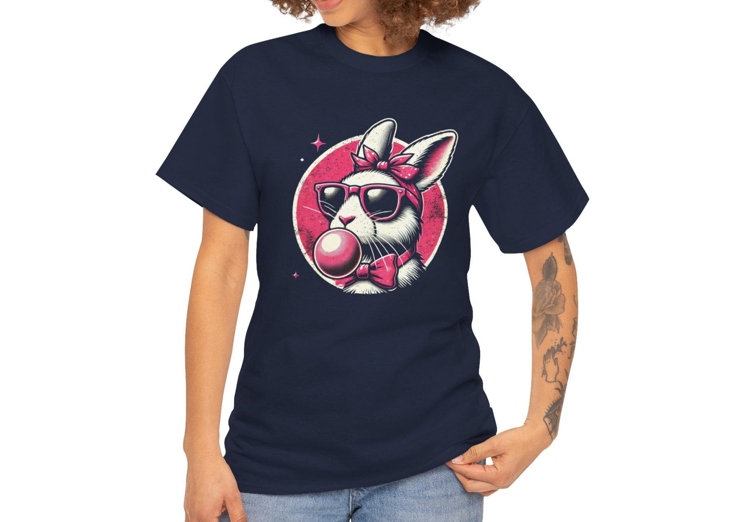 Woman wearing a navy blue Easter T-shirt showcasing a vintage-style bunny blowing bubblegum, perfect for an edgy Easter look. Hop into the season in style and shop Easter shirts online today!