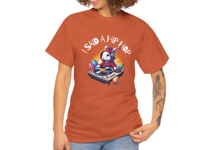 Woman wearing an orange Easter T-shirt showcasing a rap-loving bunny and "I Said A Hip Hop" text, a bold and funky Easter choice. Hop into the season in style and shop Easter shirts online today!