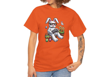 Woman wearing an orange Easter T-shirt with a Minecraft-inspired Easter bunny and pixel eggs, a bright and fun holiday pick. Hop into the season in style and shop Easter shirts online today!