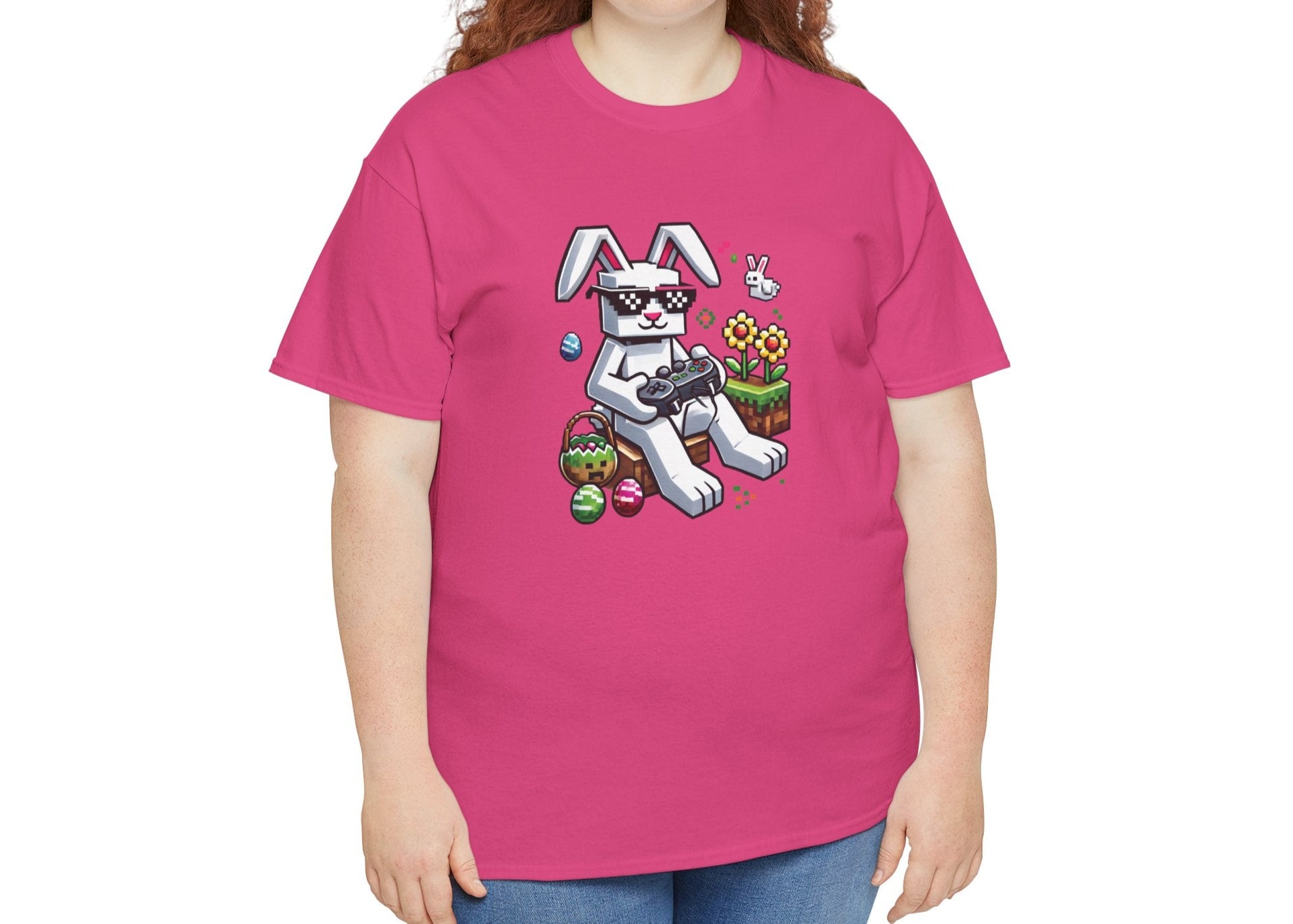 Woman wearing a pink Easter T-shirt featuring a blocky Easter bunny with gaming-style eggs, a stylish and playful Easter choice. Hop into the season in style and shop Easter shirts online today!