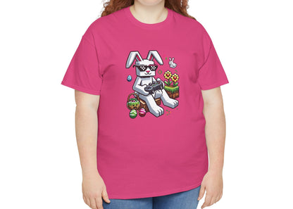 Woman wearing a pink Easter T-shirt featuring a blocky Easter bunny with gaming-style eggs, a stylish and playful Easter choice. Hop into the season in style and shop Easter shirts online today!