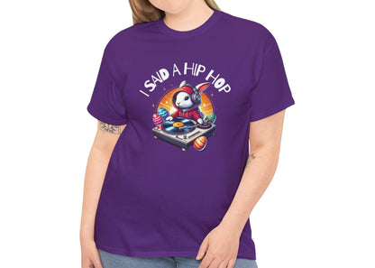 Woman wearing a purple Easter T-shirt featuring a funky bunny with "I Said A Hip Hop" text, a stylish and playful holiday look. Hop into the season in style and shop Easter shirts online today!