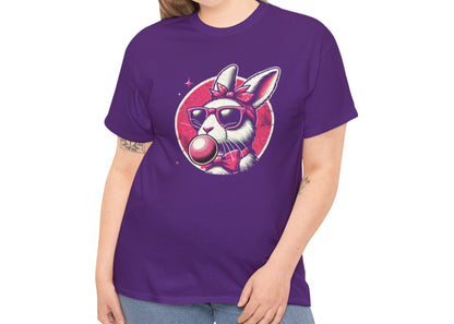 Woman wearing a purple Easter T-shirt featuring a cool bubblegum-blowing bunny with sunglasses, a playful and stylish holiday choice. Hop into the season in style and shop Easter shirts online today!