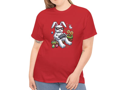 Woman wearing a red Easter T-shirt featuring a Minecraft-style bunny with pixel eggs, a perfect mix of gaming and holiday fun. Hop into the season in style and shop Easter shirts online today!