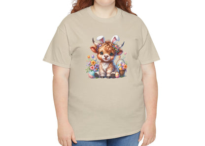 Woman wearing a sand Easter T-shirt featuring a rustic Highland cow with Easter decorations, ideal for a country-style spring outfit. Hop into the season in style and shop Easter shirts online today!