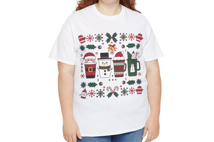 Model wearing a white T-shirt featuring a festive holiday pattern with coffee cups, snowflakes, and Christmas elements, styled casually. Part of the Vivid Divergence Sensory Friendly Unisex Tees Range.