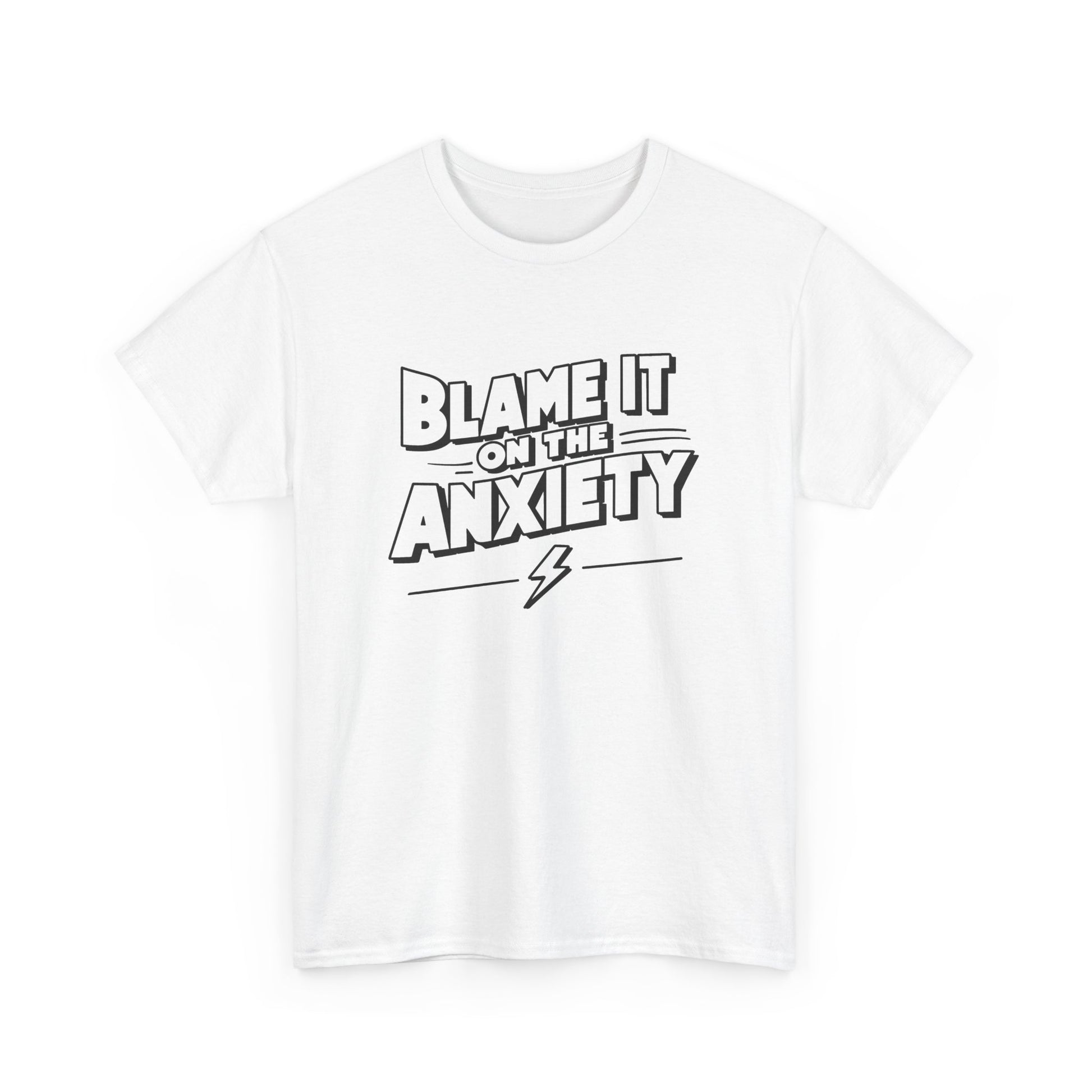 White T-shirt with "Blame It on the Anxiety" text modeled on a person with arms at their sides. Part of the Vivid Divergence Sensory Friendly Unisex Tees Range.