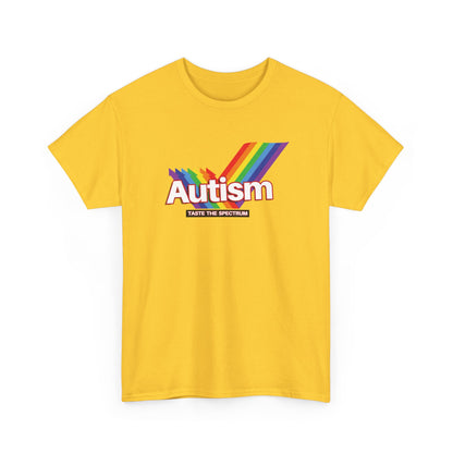 Front view of a yellow T-shirt with the phrase "Autism" in a Skittles-inspired design featuring a rainbow graphic. Part of the Vivid Divergence Sensory Friendly Unisex Tees Range.