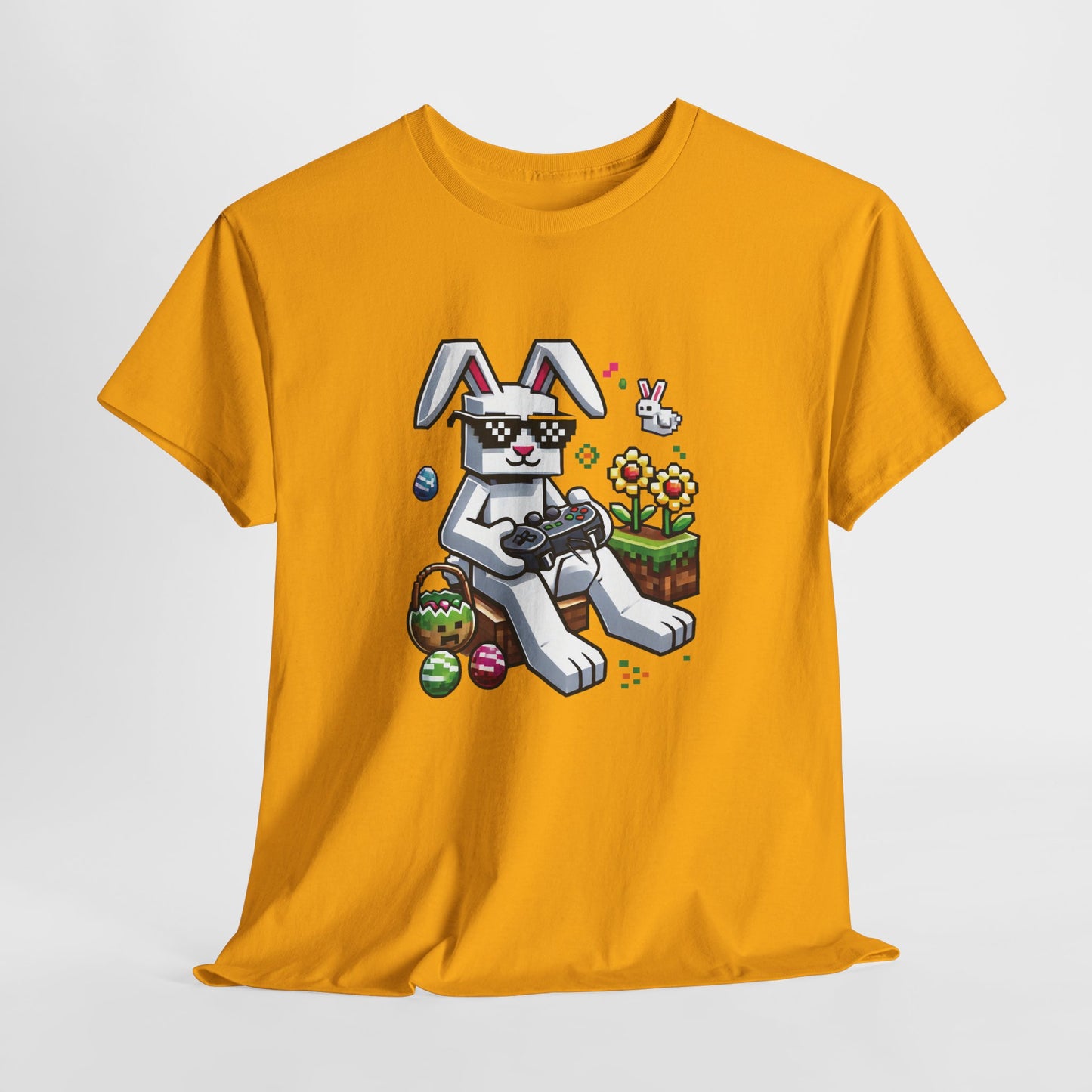 Yellow T-shirt hanging, showcasing a blocky Easter bunny with pixel eggs, a bright and fun holiday tee. Hop into the season in style and shop Easter shirts online today!