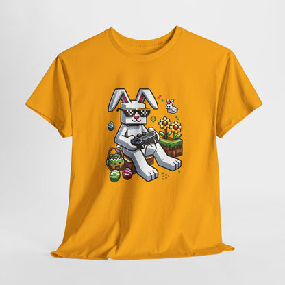 Yellow T-shirt hanging, showcasing a blocky Easter bunny with pixel eggs, a bright and fun holiday tee. Hop into the season in style and shop Easter shirts online today!