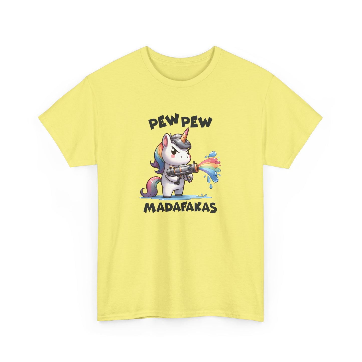 Front view of a yellow T-shirt with a "Pew Pew Madafakas" unicorn graphic. Part of the Vivid Divergence Sensory Friendly Unisex Tees Range.