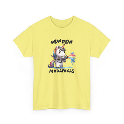Front view of a yellow T-shirt with a "Pew Pew Madafakas" unicorn graphic. Part of the Vivid Divergence Sensory Friendly Unisex Tees Range.
