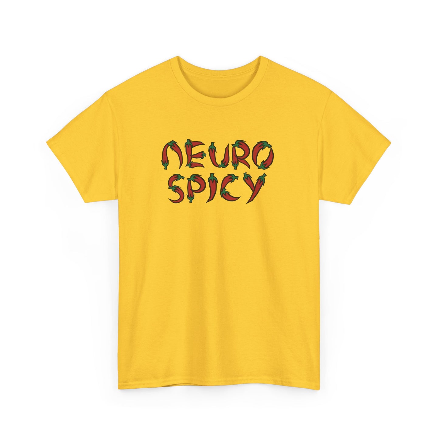 Front view of a yellow T-shirt with "Neuro Spicy" text in bold, colorful letters. Part of the Vivid Divergence Sensory Friendly Unisex Tees Range.