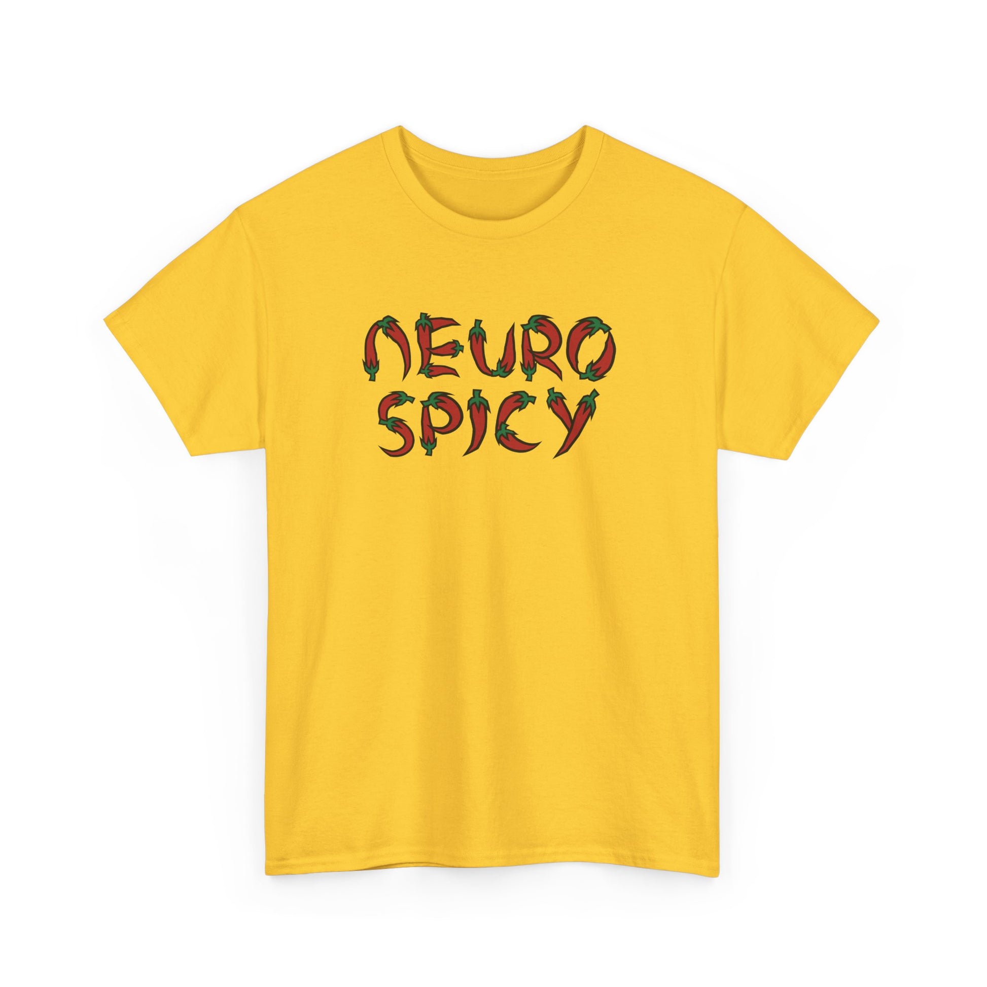 Front view of a yellow T-shirt with "Neuro Spicy" text in bold, colorful letters. Part of the Vivid Divergence Sensory Friendly Unisex Tees Range.