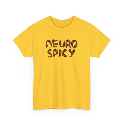 Front view of a yellow T-shirt with "Neuro Spicy" text in bold, colorful letters. Part of the Vivid Divergence Sensory Friendly Unisex Tees Range.
